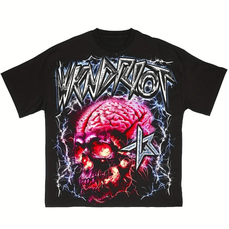 American Hip Hop Y2K Men's Braniac Pattern Cotton T-shirt Summer New Retro Fashion Men's and Women's Streetwear