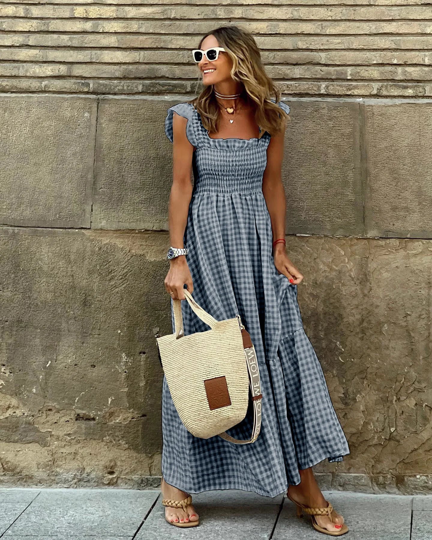 Elegant Plaid Slip Maxi Long Dress Summer Women Strapless Ruffle Backless Pleated Elastic Waist Boho Party Swing Loose Dresses