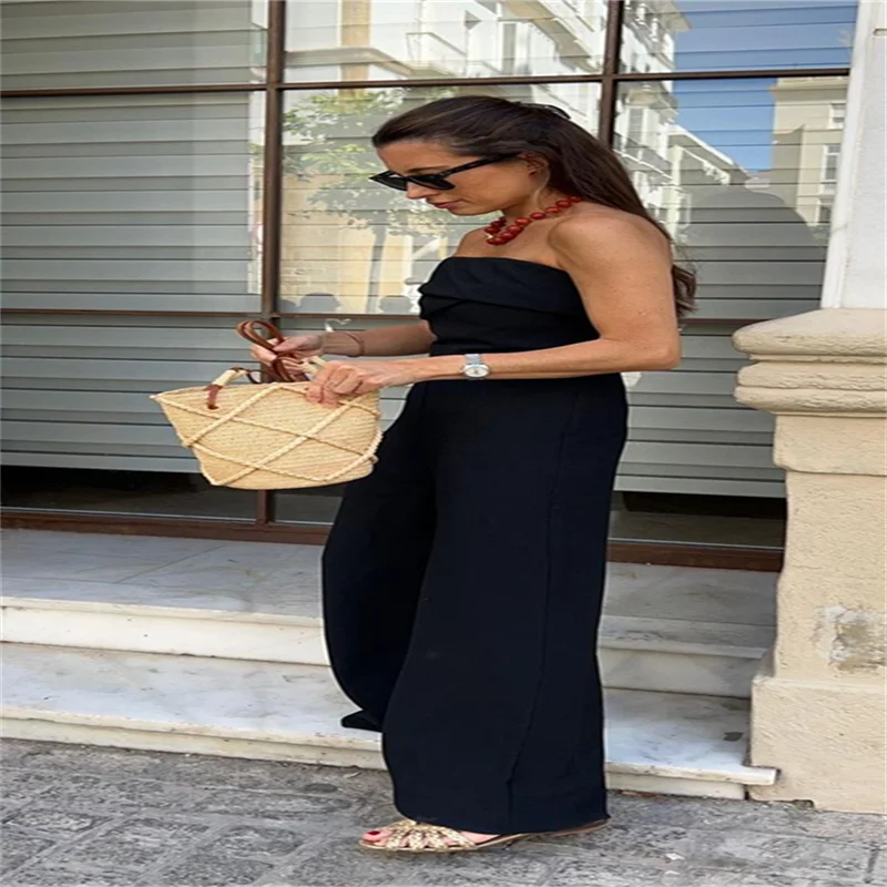Sexy Backless Women's Jumpsuits Solid Off Shoulder Waist Cinching Pockets Wide Leg Pants Lady Bodysuit Summer Female Outwears