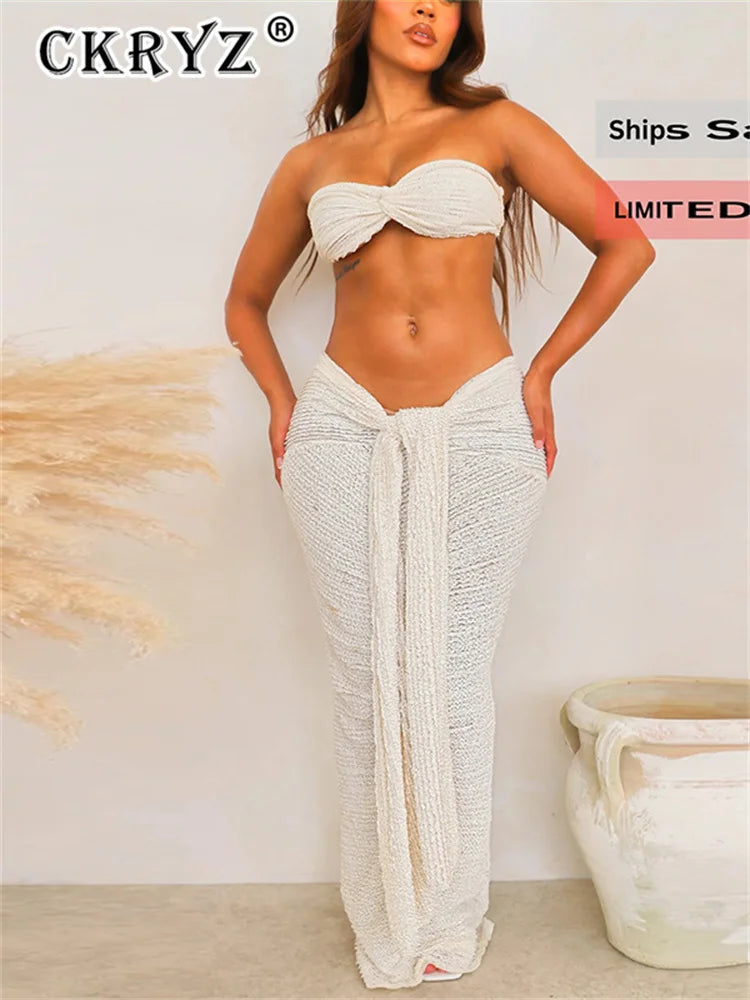 Ladies Autumn 2 Pieces Vacation Streetwear Skirt Set Women Sleeveless Backless Tube Crop Top Maxi Dress Clubwear Fall Outfits