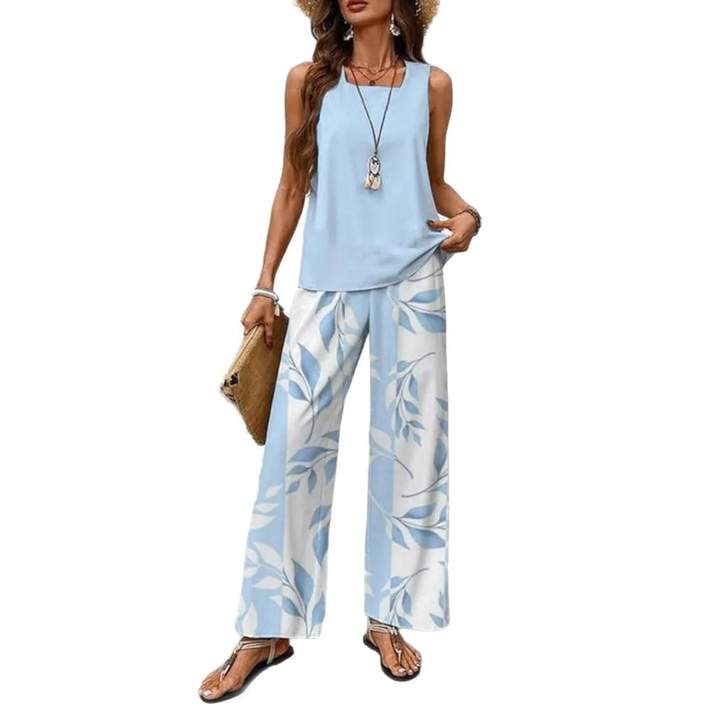 Summer New Women's Flower Stripe Print Two-Piece Set Square Collar Sleeveless Vest Solid Tops & Long Pants Sets Female 2025