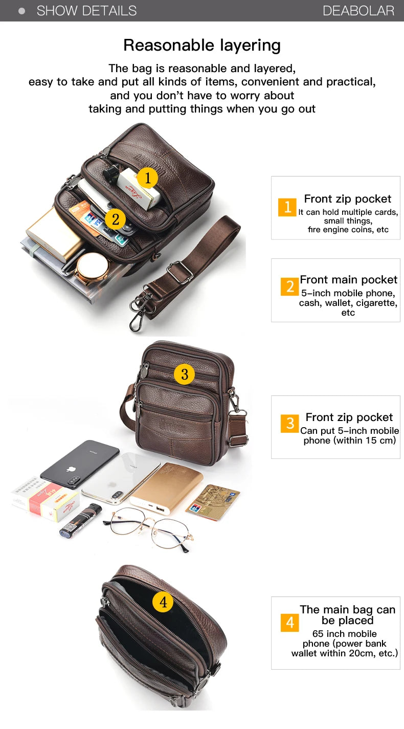 Men's Genuine Leather Crossbody Bag High Quality Zipper Pocket Retro Business Messenger Bag for Men