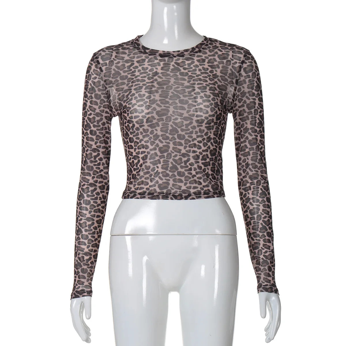 Ladies summer Leopard Print Clubwear Y2K Clothes Women Long Sleeve O-Neck Mesh See Through Slim T Shirt Holiday Streetwear Tees