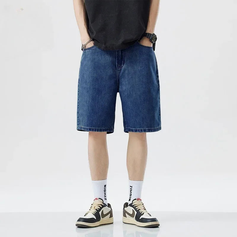 2025 new Fashion Streetwear Men's Denim Shorts Summer Loose Vintage Harajuku Splicing Hip-hop Cargo Moto Short Jeans Black Blue
