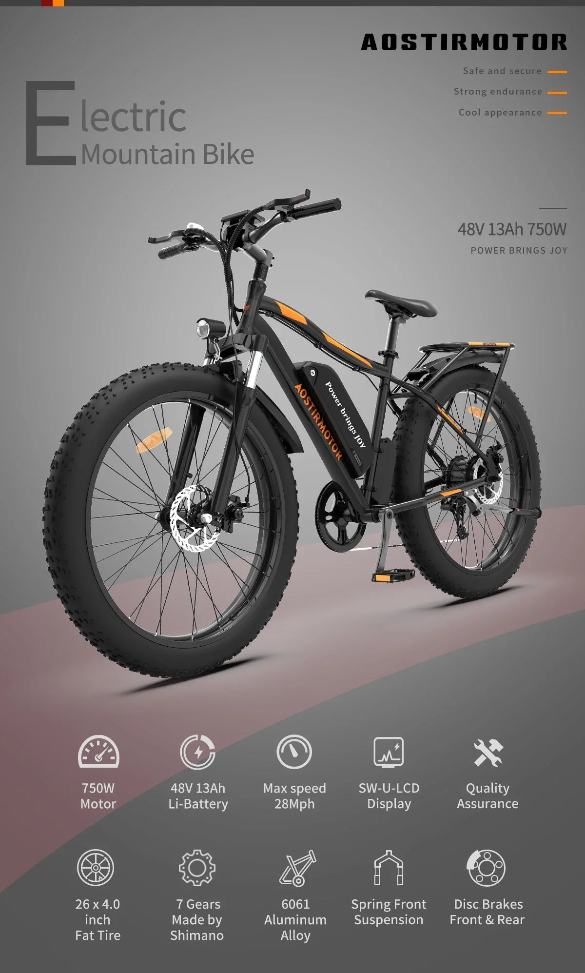 AOSTIRMOTOR All terrain S07-B 48V 13Ah Lithium Battery 750W Motor Ebike Mountain Bicycle Off-road Adult 26 Inch electric bike