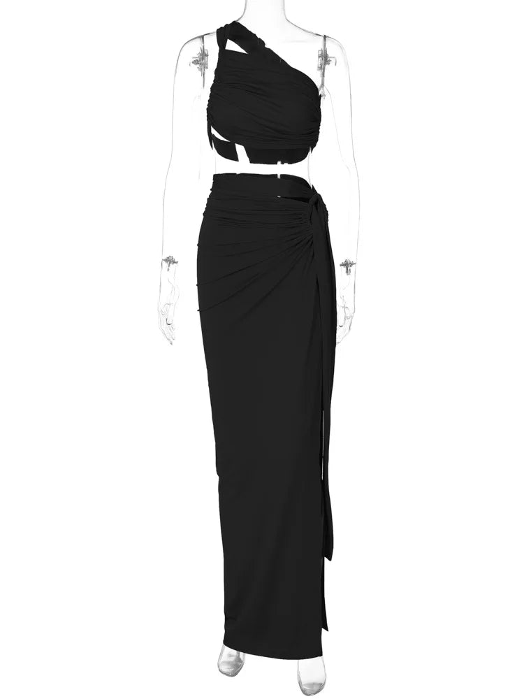 Ladies Summer 2 Pieces Set Women Sleeveless Backless Strap Spit Crop Top Side Slit Slim Long Skirt Evening Party Club Streetwear