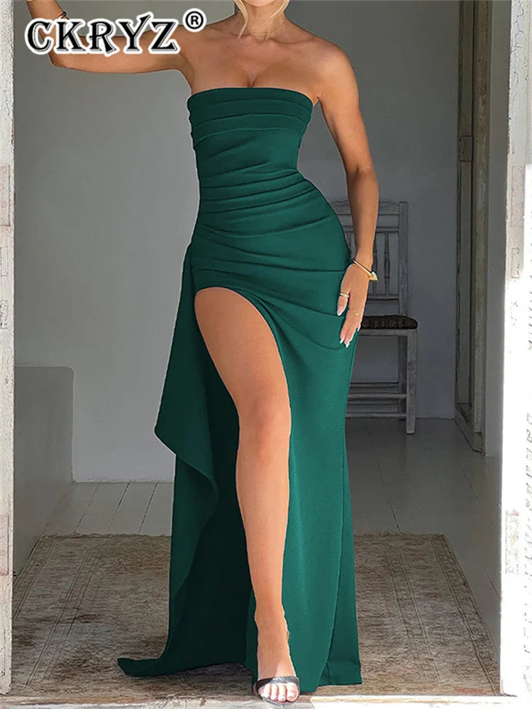 Ladies Summer Ruffle Side Slit Fashion Evening Party Dress Women Sleeveless Backless Tube Maxi Dresses Club Streetwear Outfits