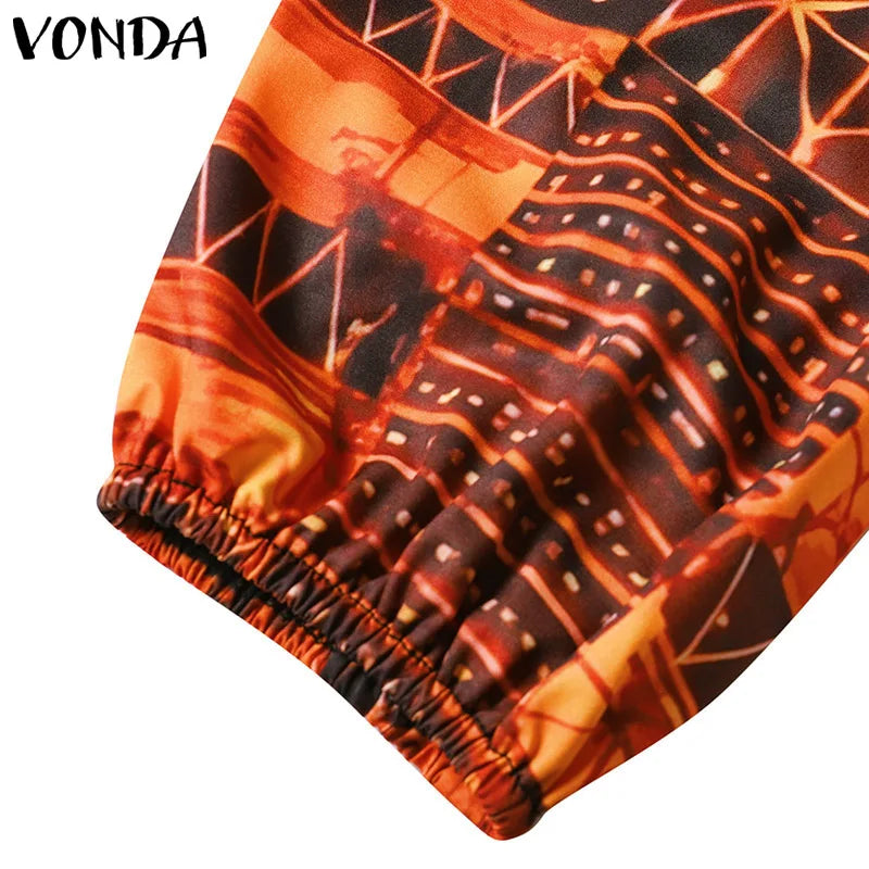 Plus Size 5XL VONDA Bohemian Summer Women Long Dress Printed Sundress Fashion Puff Sleeve V Neek Loose Casual Vestidos Robe