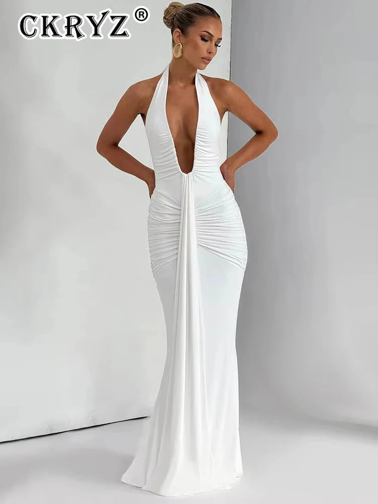 Ladies Summer Elegant Evening Party Dress For Women Sleeveless Backless Halter Sexy Long Dresses Woman Clothes Birthday Clubwear
