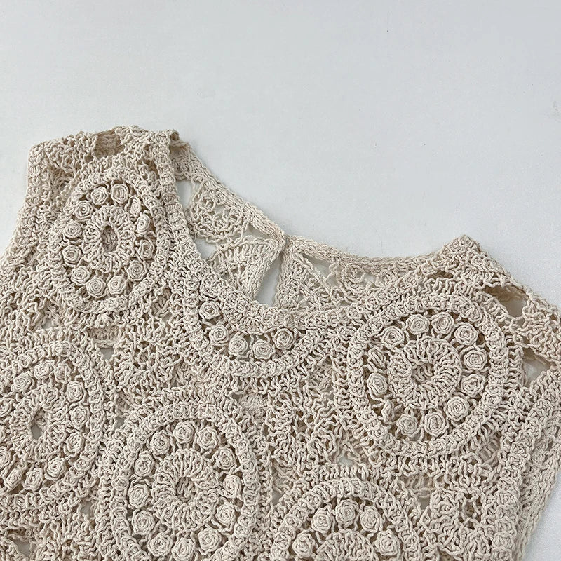 Sheer Crochet Top Embroidery Lace Blouse Sleeveless Open-knit Crop Tops Vest for Women Spring Summer Boho Vacation Outfit