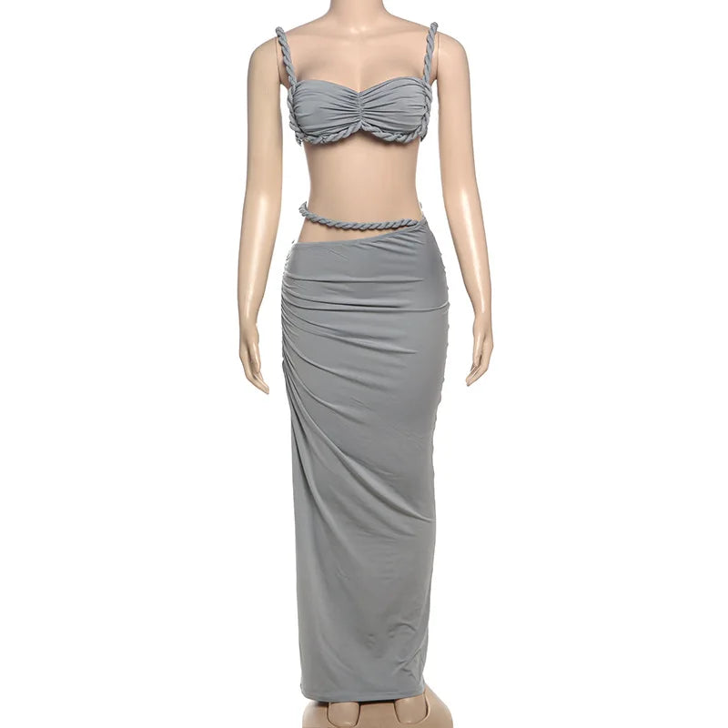 Ladies Summer Party 2 Piece Skirt Set Women Sleeveless Backless Crop Top Long Skirts Matching Sets Club Streetwear Woman Clothes