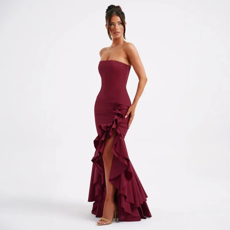 Ladies Summer Ruffle New Fashion Elegant Evening Party Dress Women Sleeveless Backless Tube Bodycon Maxi Dresses Female Clubwear