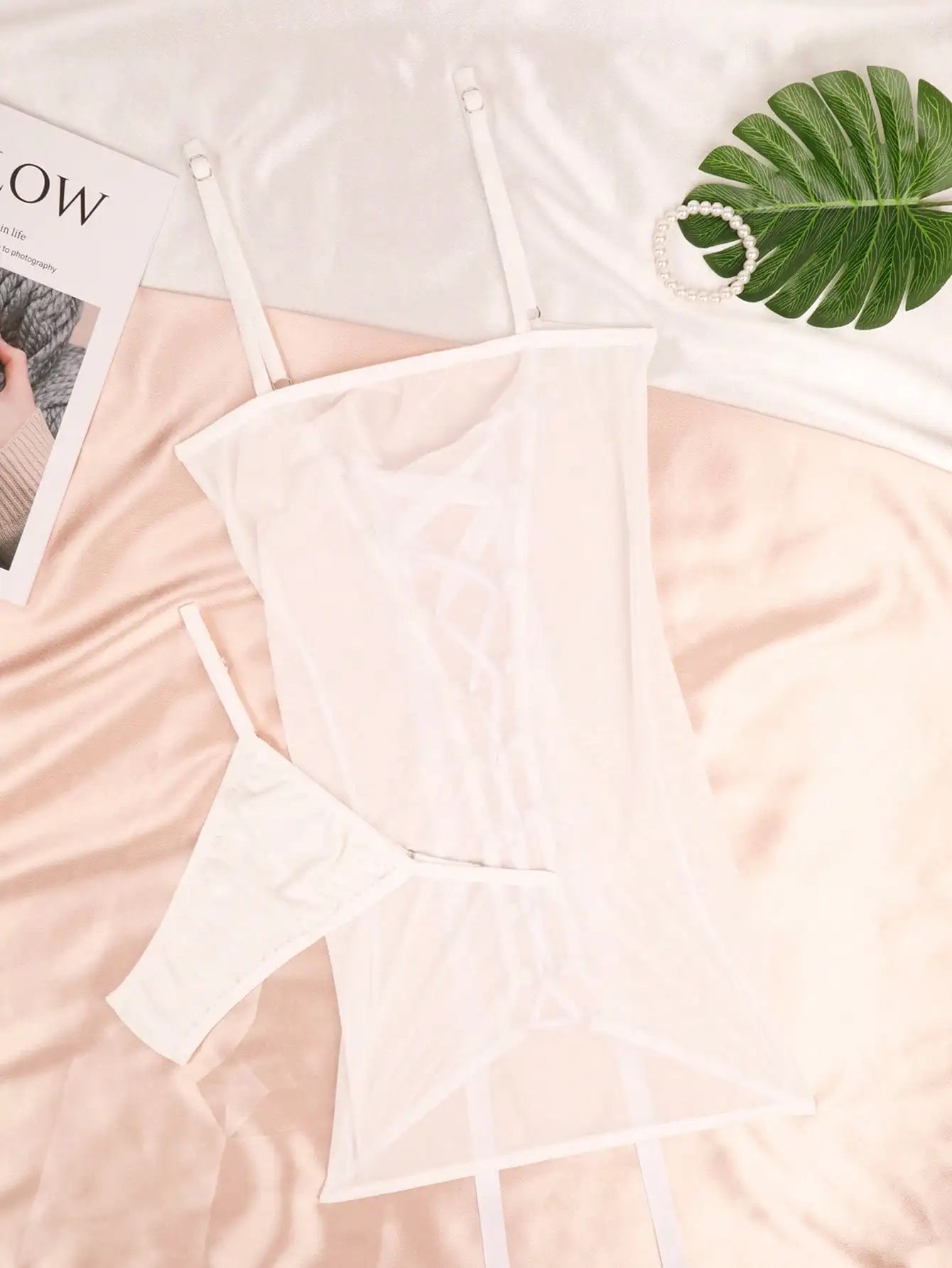 Two Pieces Women's Sexy Lace Up Bow Dress, Slightly Transparent Solid Color Triangle Pants, Comfortable