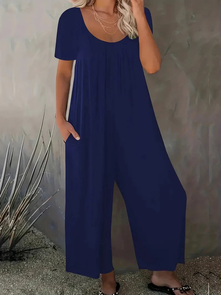 Plus Size 0XL-5XL Summer Rompers Overalls Women's Solid Color Jumpsuit with Pockets Casual Fashion Short Sleeve Jumpsuits