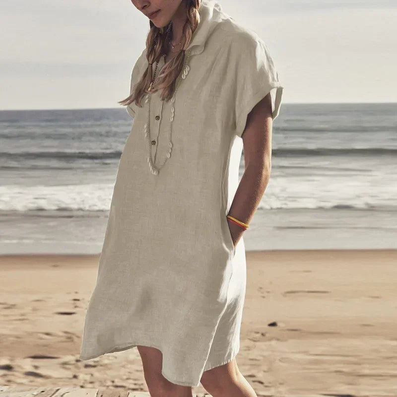 Women's L-5XL Plus Size Summer Cotton and Linen Short Sleeved Button Dress with Lapel Pockets Solid Color Loose Fitting Dress