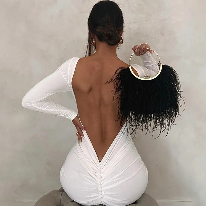 Ladies Autumn Elegant Evening Party Dress Women Long Sleeve Backless Ruched Fashion Long Dresses Woman Clothes Birthday Clubwear