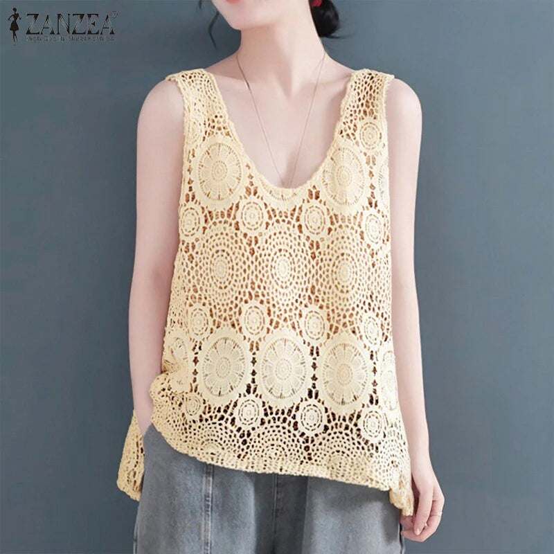 2025 Women Sleeveless Tanks Tops ZANZEA Summer Bohemain Lace Crochet Blouse Casual Loose Camis Fashion Holiday Beach Shirt Mujer
