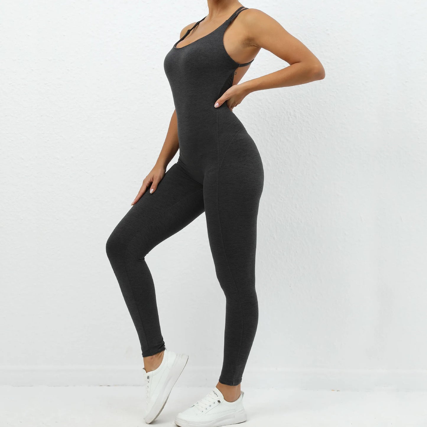 Sexy Backless Bodycon Scrunch Jumpsuit Raises Butt Women Dance Fitness Overalls for Women Sleeveless Yoga Sport Jump Suit Black