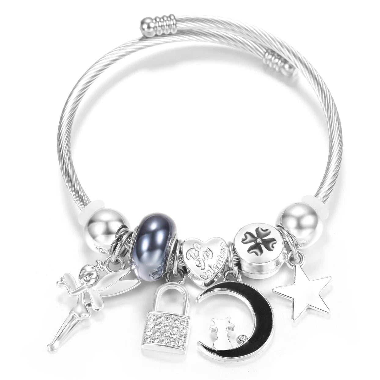 New Rhinestone Heart Shaped Pendant Stainless Steel Beaded Bracelet 4 Colors High Quality Closure Bangles Women Bracelet Jewelry