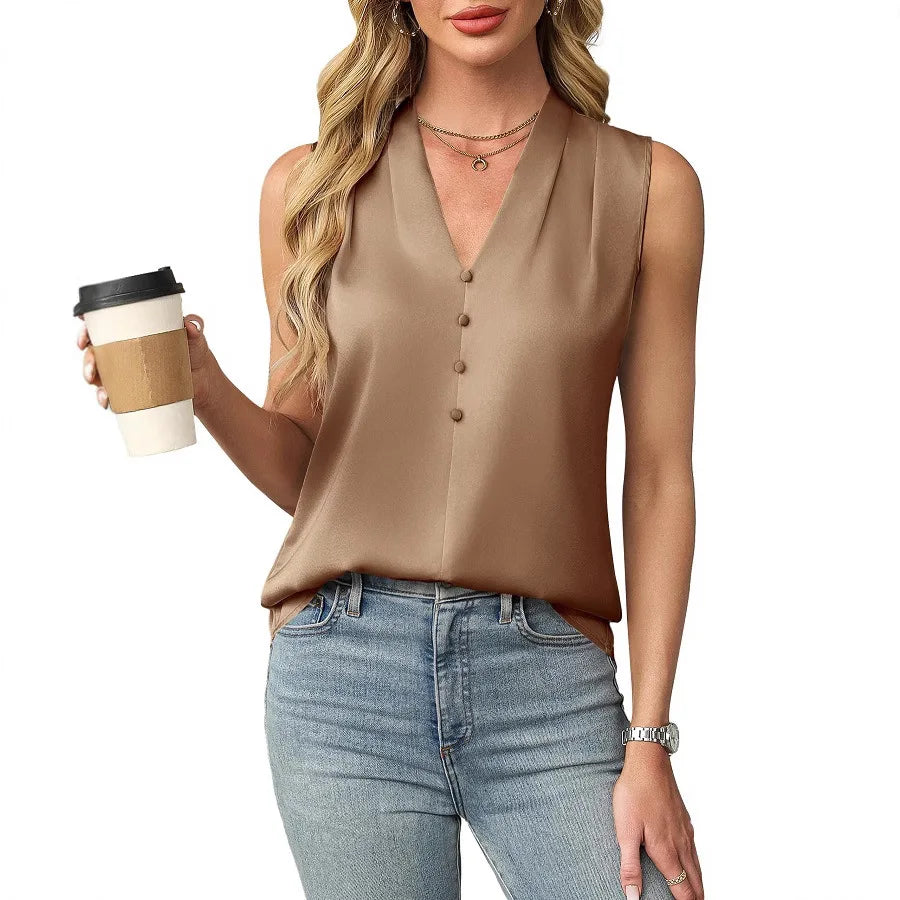 Summer Women's Shirt Sleeveless Satin V-neck Button Straight Top Fashion Office Simple Inner Wear Basic Vest