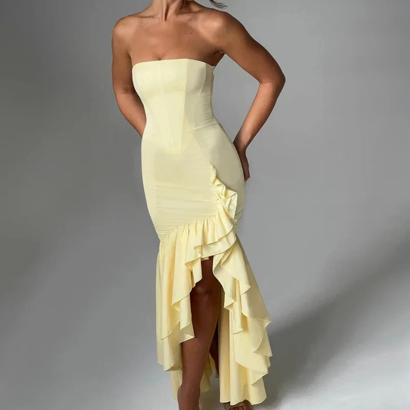 Ladies Summer Ruffle New Fashion Elegant Evening Party Dress Women Sleeveless Backless Tube Bodycon Maxi Dresses Female Clubwear