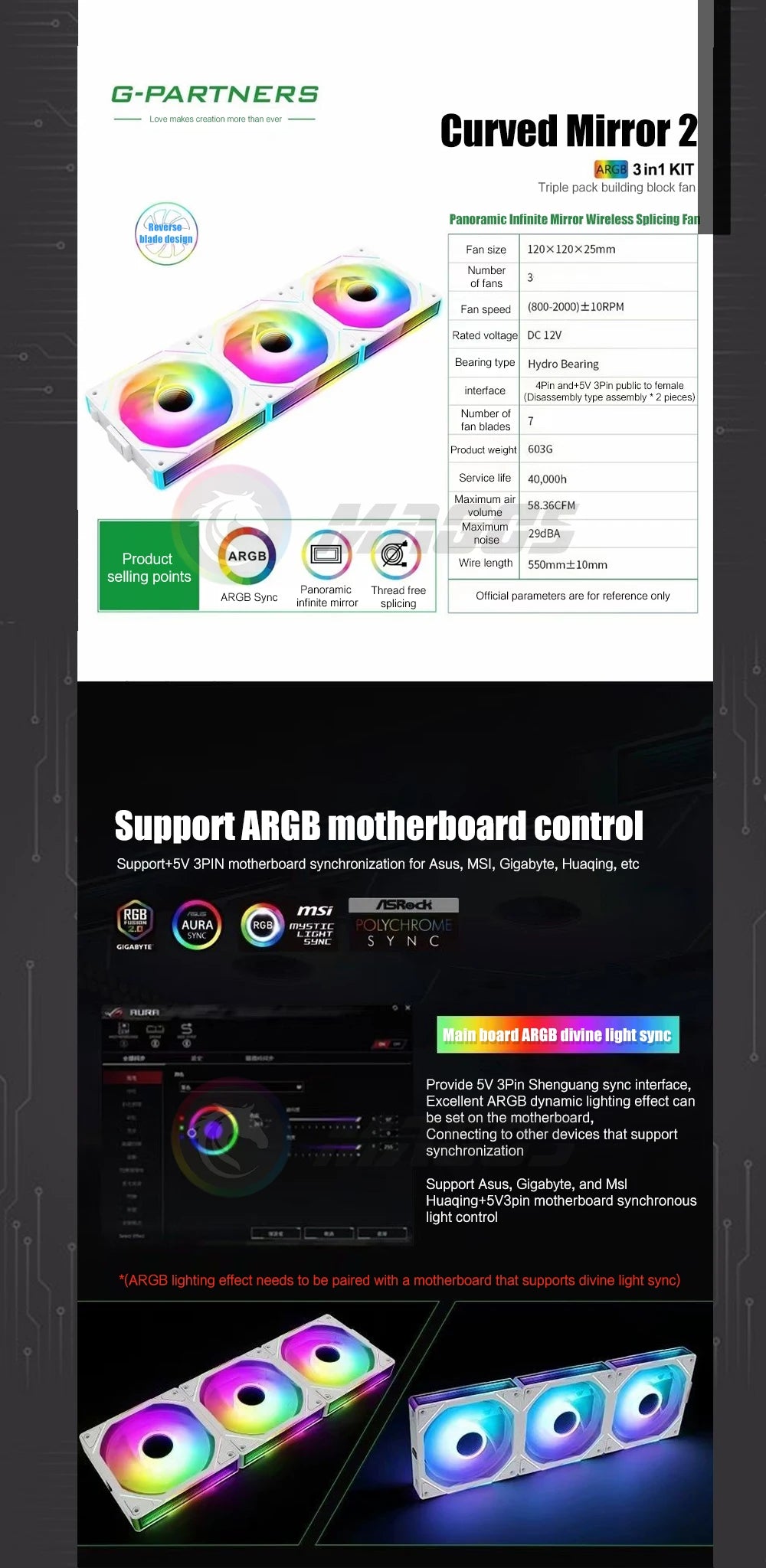 Infinity Mirror Uni Fan 3 in 1 Kit, ARGB Light Effect Forword Reverse Blade, PC Gamer Cabinet Water Cooling Silent Mute Radiator
