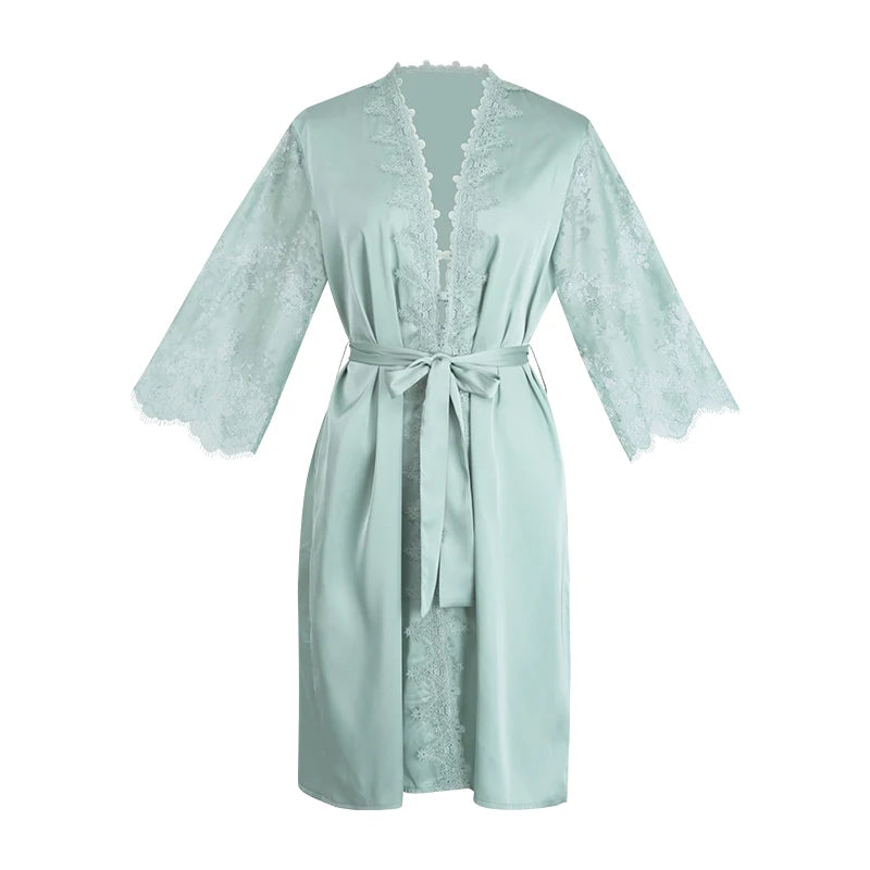 Black Satin Kimono Bridal Robe Lace Lingerie Women Sleepwear Pajamas Pure Ice Silk Wedding Morning Bathrobe Bridesmaid Robes