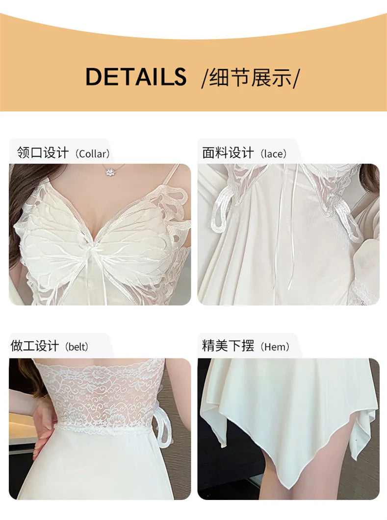 Summer Sling Lace Women's Underwear Two-Pieces Set Satin Silk Sleepwear Butterfly Embroidery Backless Nightdress