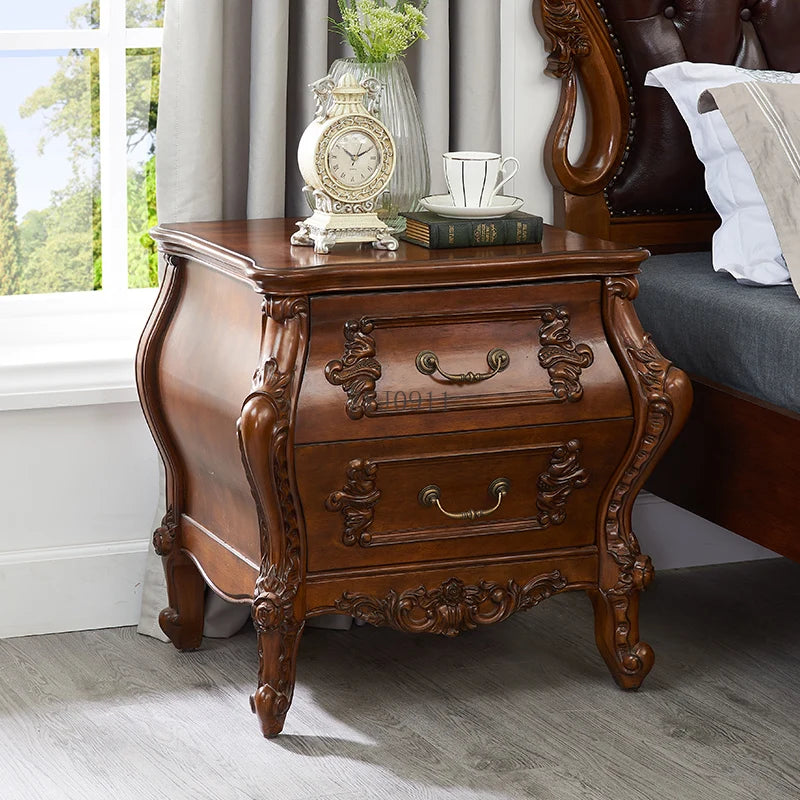 European leather solid wood bed log carved bed large apartment double master bedroom big bed