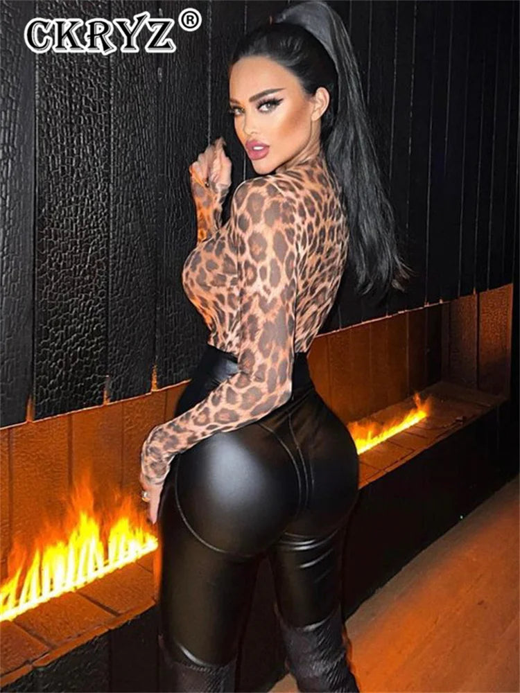 Ladies Autumn One Piece Leopard Print New Fashion Long Sleeve O-Neck Skinny Sexy Bodysuit Women Party Club Wear Y2K Fall Outfits