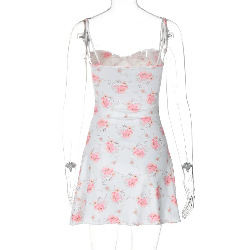 Ladies Summer Floral Print Fashion Beach Vacation Dress Women Sleeveless Backless Bodycon Mini Dresses Clubwear Woman Clothes