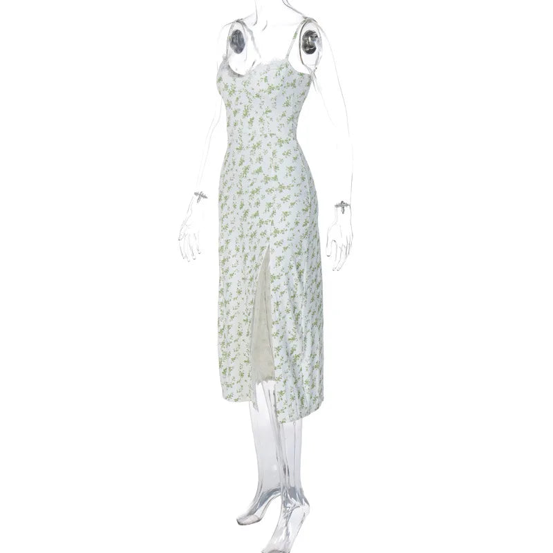 Ladies Summer Floral Print Fashion Evening Party Dress Women Sleeveless Backless Side Slit Midi Dresses Woman Clothes Clubwear