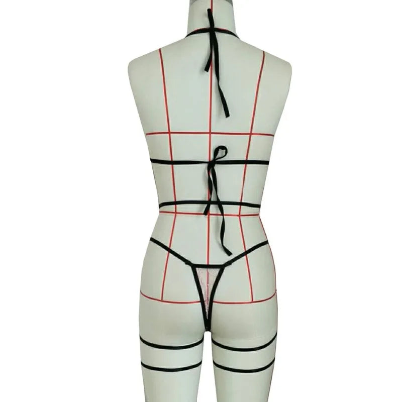 Tornova Sexy Halter Underwear Suit Women's Sexy Lace Mesh Patchwork Hollow Out Garters Lingerie Sexy Contrast Color Lingerie Set