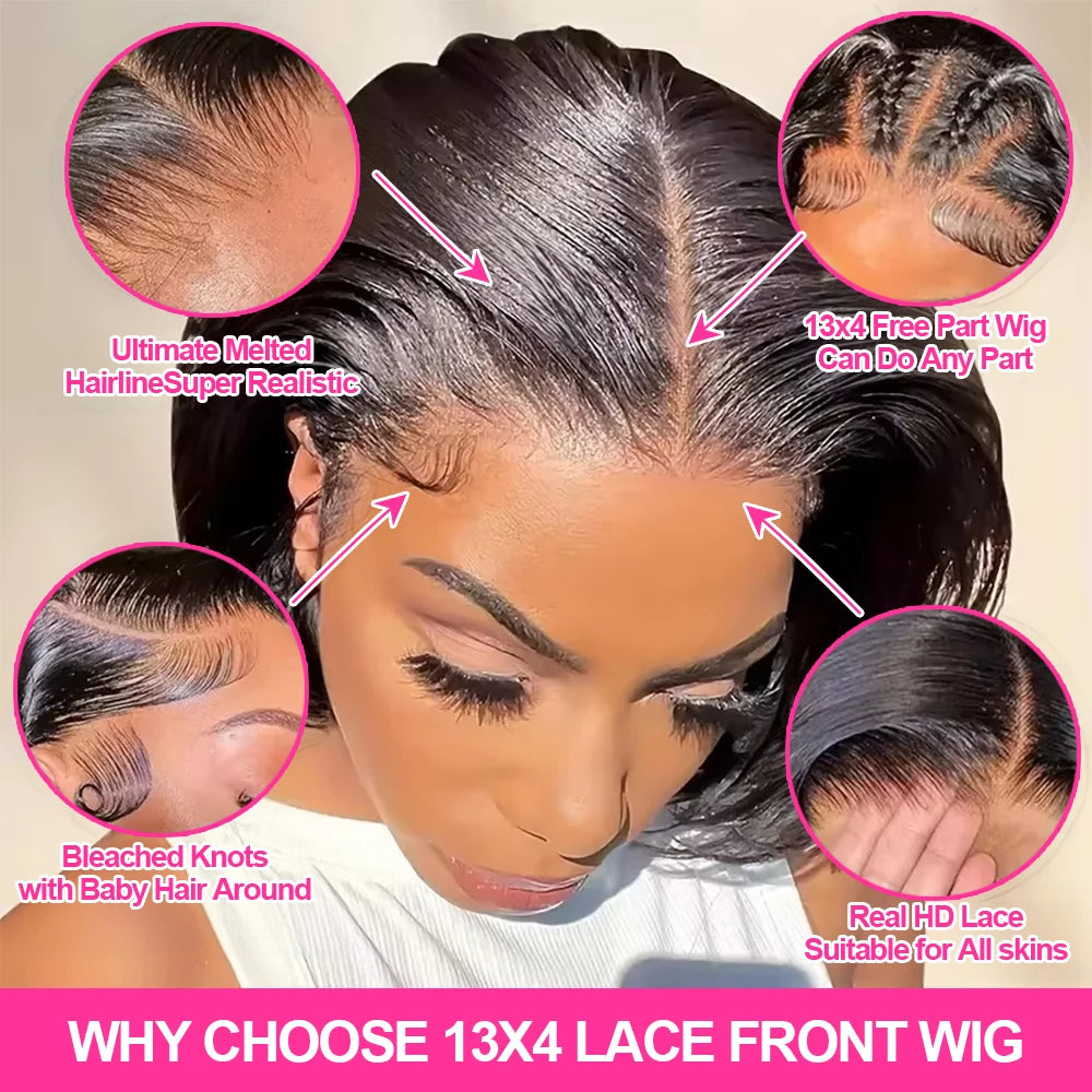 Bone Straight 13x4 HD Lace Frontal Human Hair Wig Short Bob Wig Human Hair HD 13x6 Short Blunt Cut Wig On Sale Cheap Natural Wig