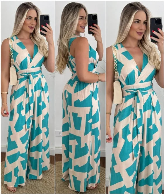 Autumn Women's Fashionable And Casual Jumpsuit Color Matching Deep V-waist Tied Sleeveless Mid Waist Straight Jumpsuit Women