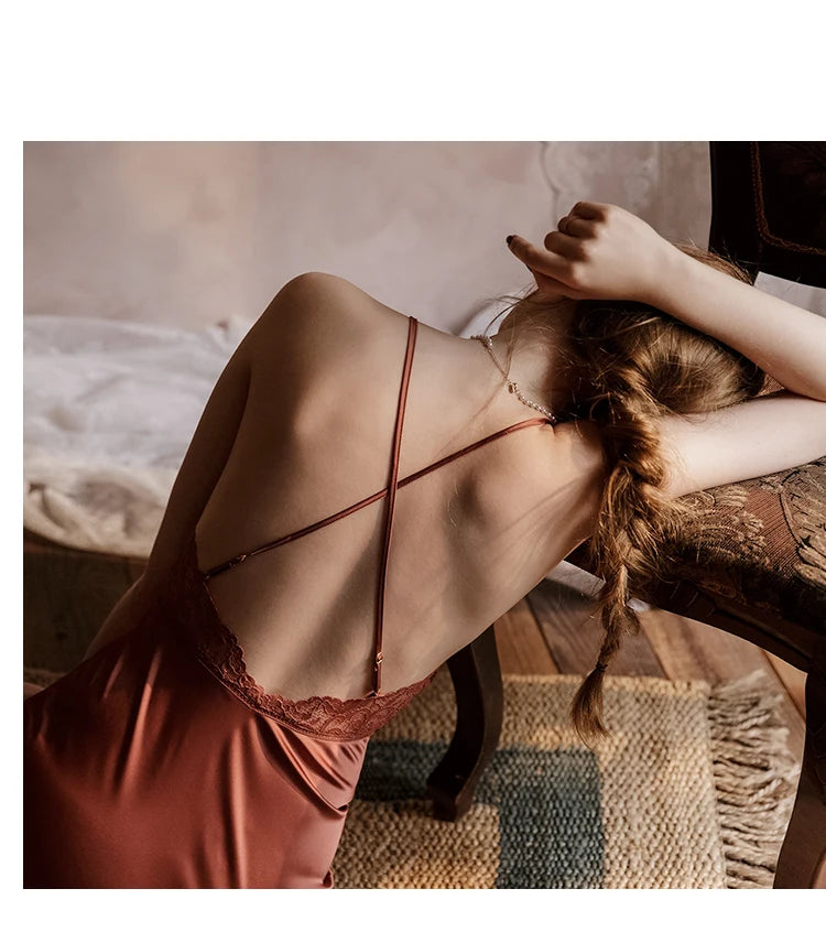 with Chest Pad Sleepwear Dress Backless Strap Nightgowns Lace Hot Temptation Vintage Nightgowns V-neck Nightwear Silk Homewear