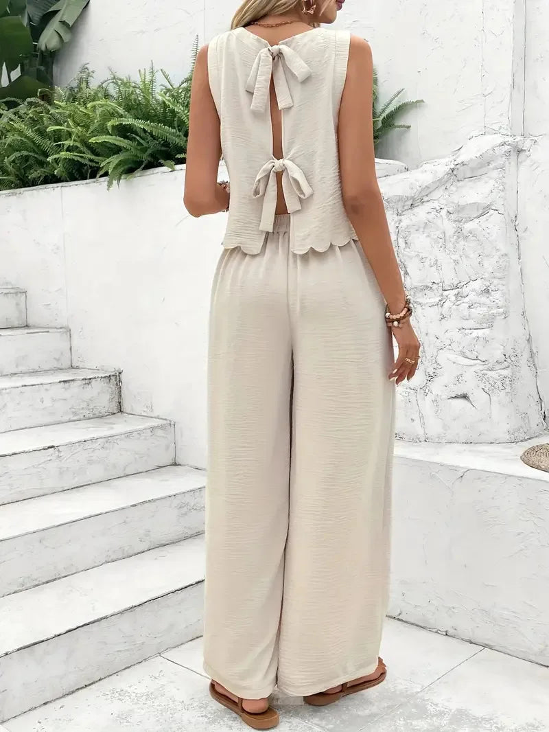 QX  Women's Two-piece Suit 2025 Black Apricot 32973 Elastic Waist Suit Best-selling Sleeveless Tie Fashion Trousers