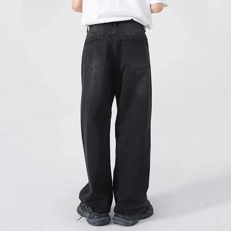 Men Classic Straight Leg Casual Jeans Male Brand Wide Leg Black Denim Pants Simple Vintage Outside High Street Denim Trousers