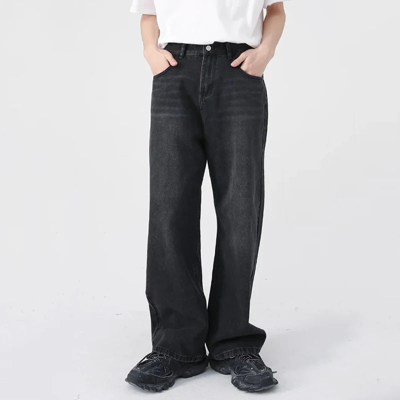 Men Classic Straight Leg Casual Jeans Male Brand Wide Leg Black Denim Pants Simple Vintage Outside High Street Denim Trousers