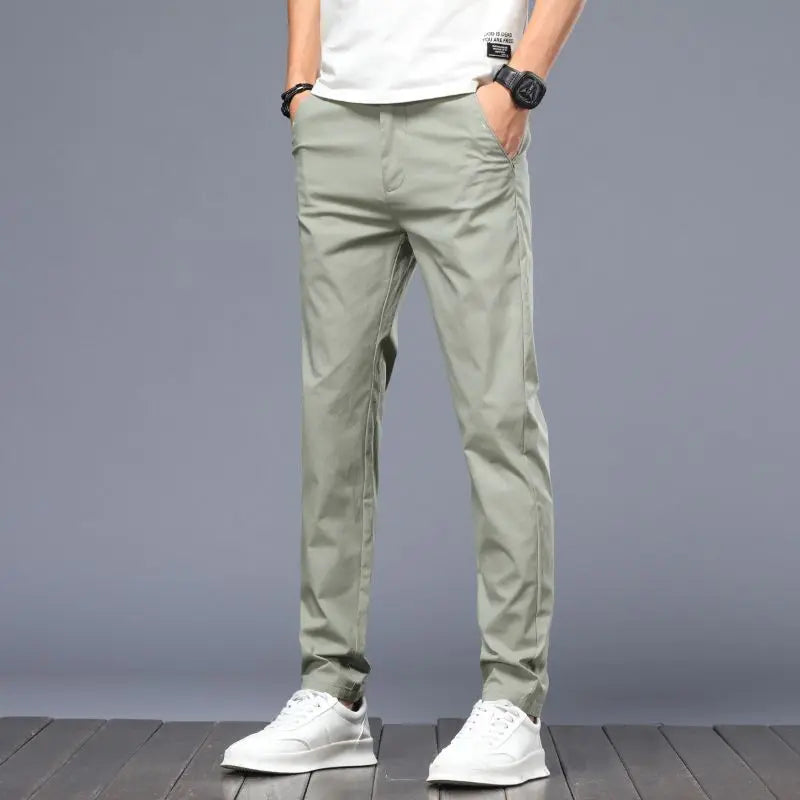 Men Ice Silk Casual Suit Pants Male Slim Fit Korean Style Blazer Pants Summer Thin Ankle Length Cropped Light Gray Trousers