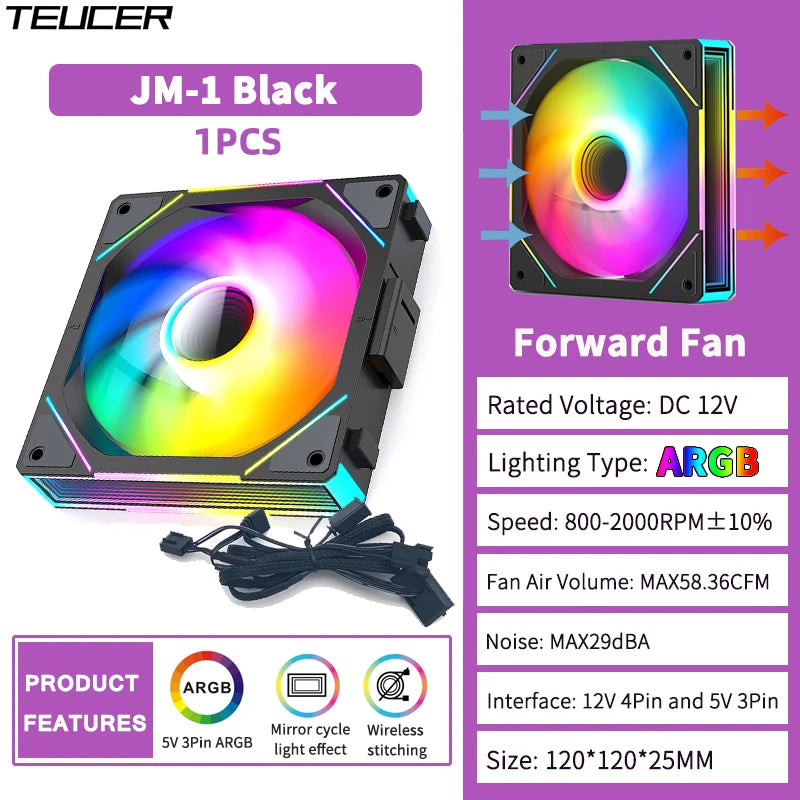 TEUCER 1PCS JM-1 PC Cooling Fan ARGB Mirror Cycle Light Effect 800-2000RPM PWM Water Cooling 360mm Cooler Fan