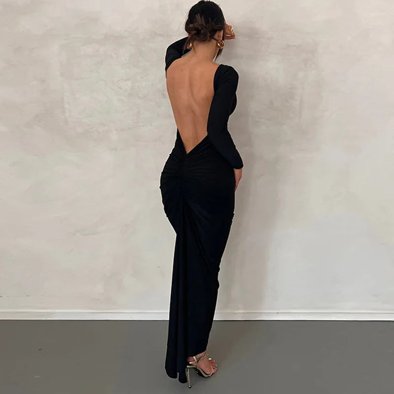 Ladies Autumn Elegant Evening Party Dress Women Long Sleeve Backless Ruched Fashion Long Dresses Woman Clothes Birthday Clubwear