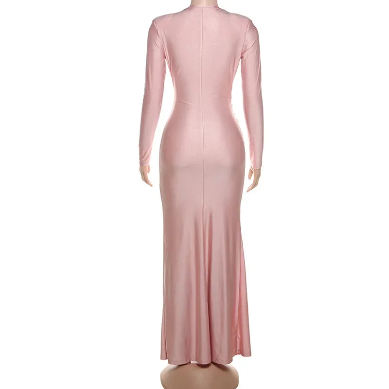 Elegant High Waist Pleated Maxi Dress Women's New Solid O Neck Long Sleeve Slim Dress Luxury Party Evening Gown Robe