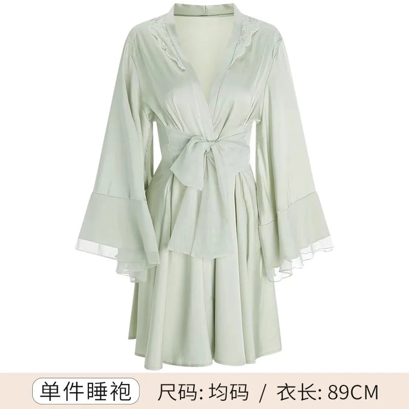 Black Satin Kimono Bridal Robe Lace Lingerie Women Sleepwear Pajamas Pure Ice Silk Wedding Morning Bathrobe Bridesmaid Robes