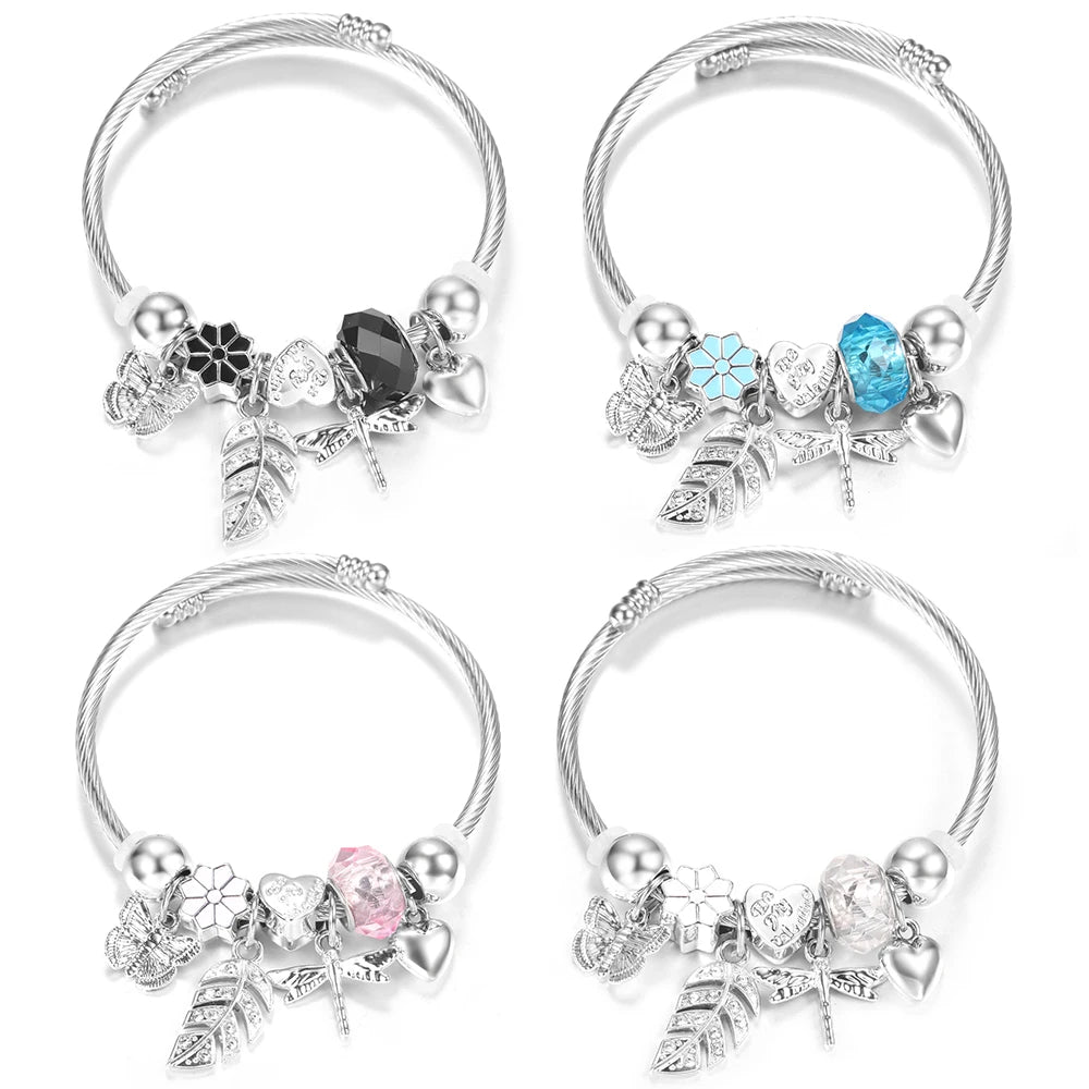 New Rhinestone Heart Shaped Pendant Stainless Steel Beaded Bracelet 4 Colors High Quality Closure Bangles Women Bracelet Jewelry
