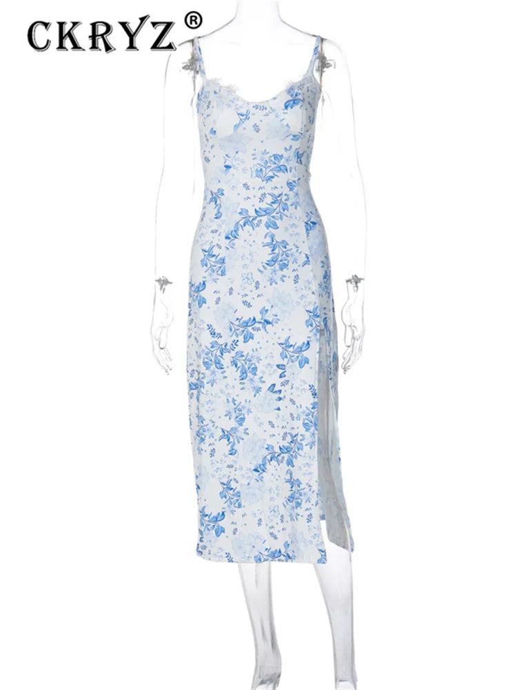 Ladies Summer Floral Print Fashion Evening Party Dress Women Sleeveless Backless Side Slit Midi Dresses Woman Clothes Clubwear