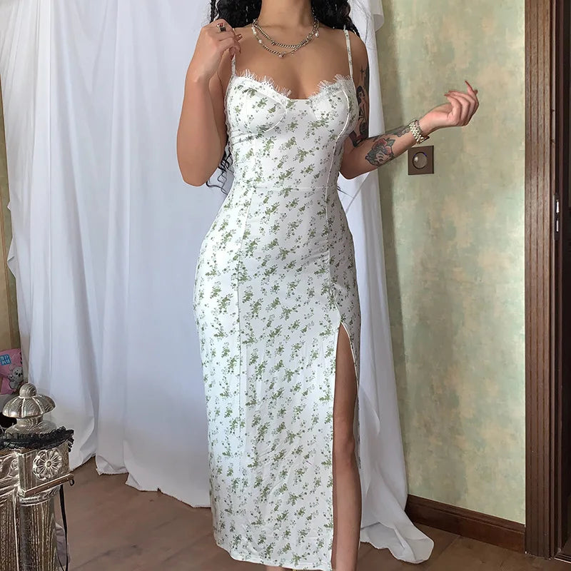 Ladies Summer Floral Print Fashion Evening Party Dress Women Sleeveless Backless Side Slit Midi Dresses Woman Clothes Clubwear