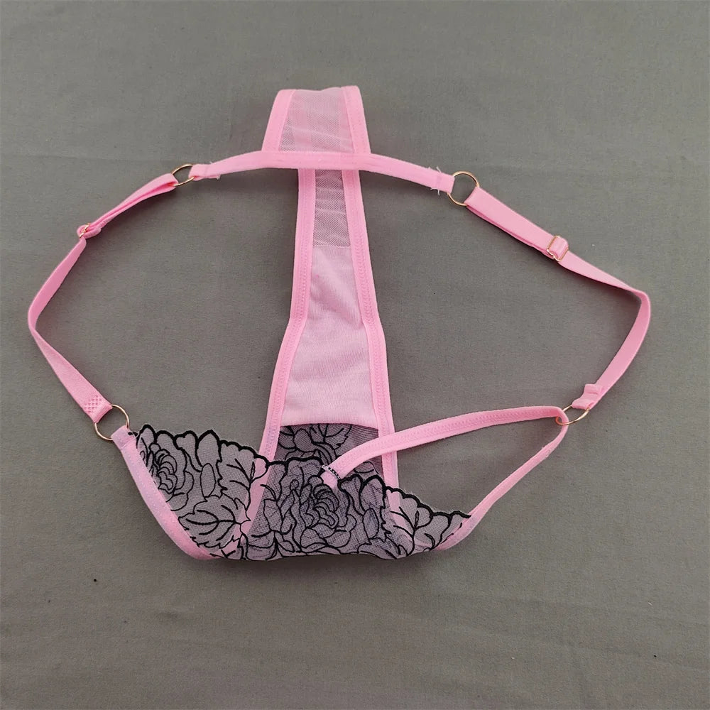 3pcs V-shaped Sexy Lace Floral Thong Women Hollow Out V-Strings Adjustable Belt Transparent Underwear