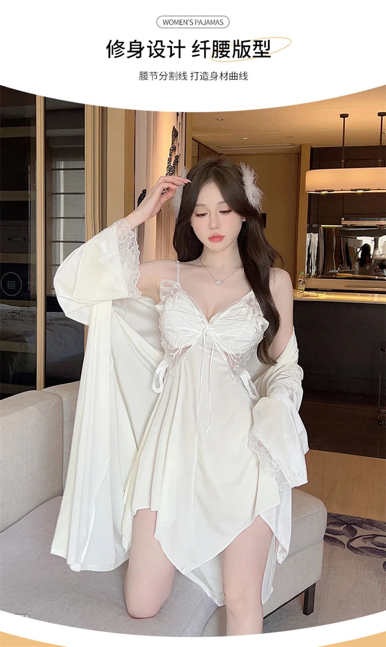 Summer Sling Lace Women's Underwear Two-Pieces Set Satin Silk Sleepwear Butterfly Embroidery Backless Nightdress