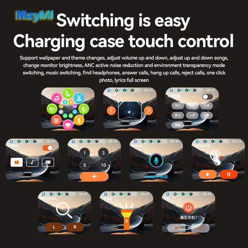 MZYMI H12 Pro Wireless Earphone Dual Earbuds Touch Screen Headset ANC+ENC Noise Cancelling In Ear Bluetooth5.4 Headphone